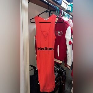 Orange Ribbed Lace-Up Tank Midi Dress